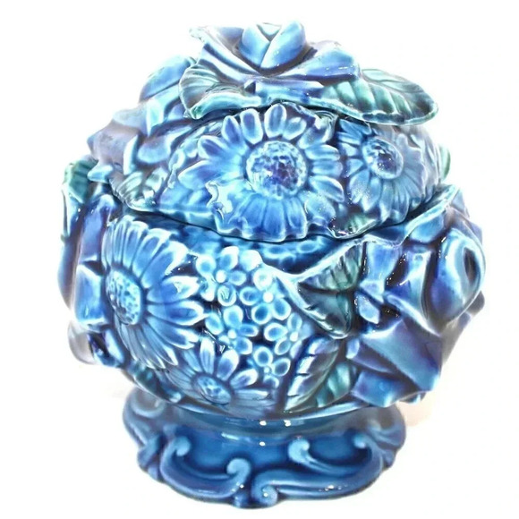 Vintage MCM Ceramic POTTERY Blue Flower Bouquet Storage Cookie Candy Jar W/ Lid - Picture 1 of 5